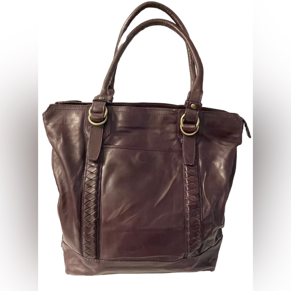 Cole Haan Burgundy Leather Tote Handbag Breaded Detail 15” W x 4” D x 14” H
